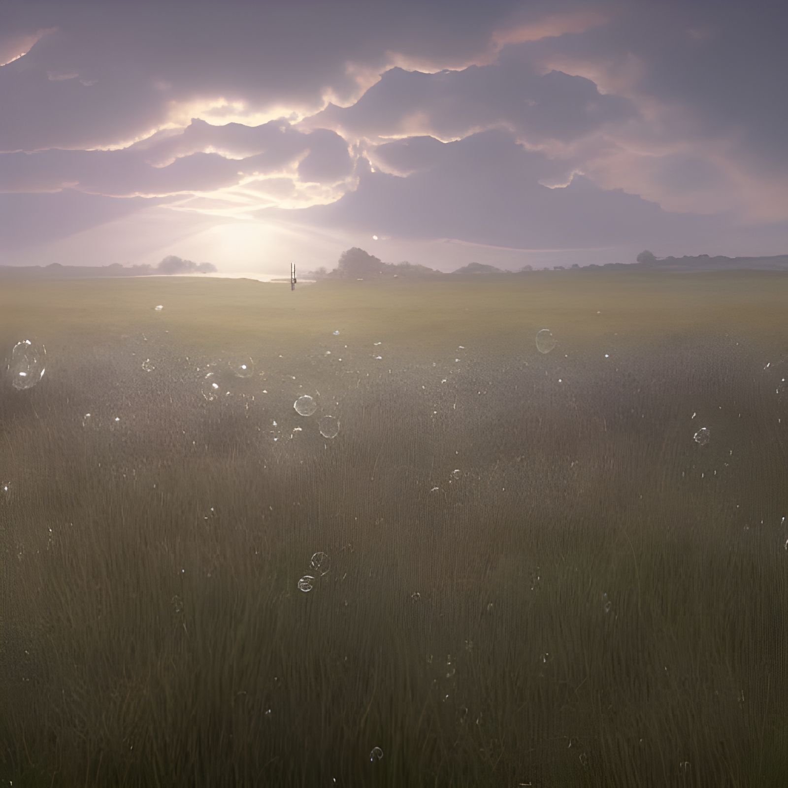 Surreal Bubble Structures in Grassy Field, Digital Art