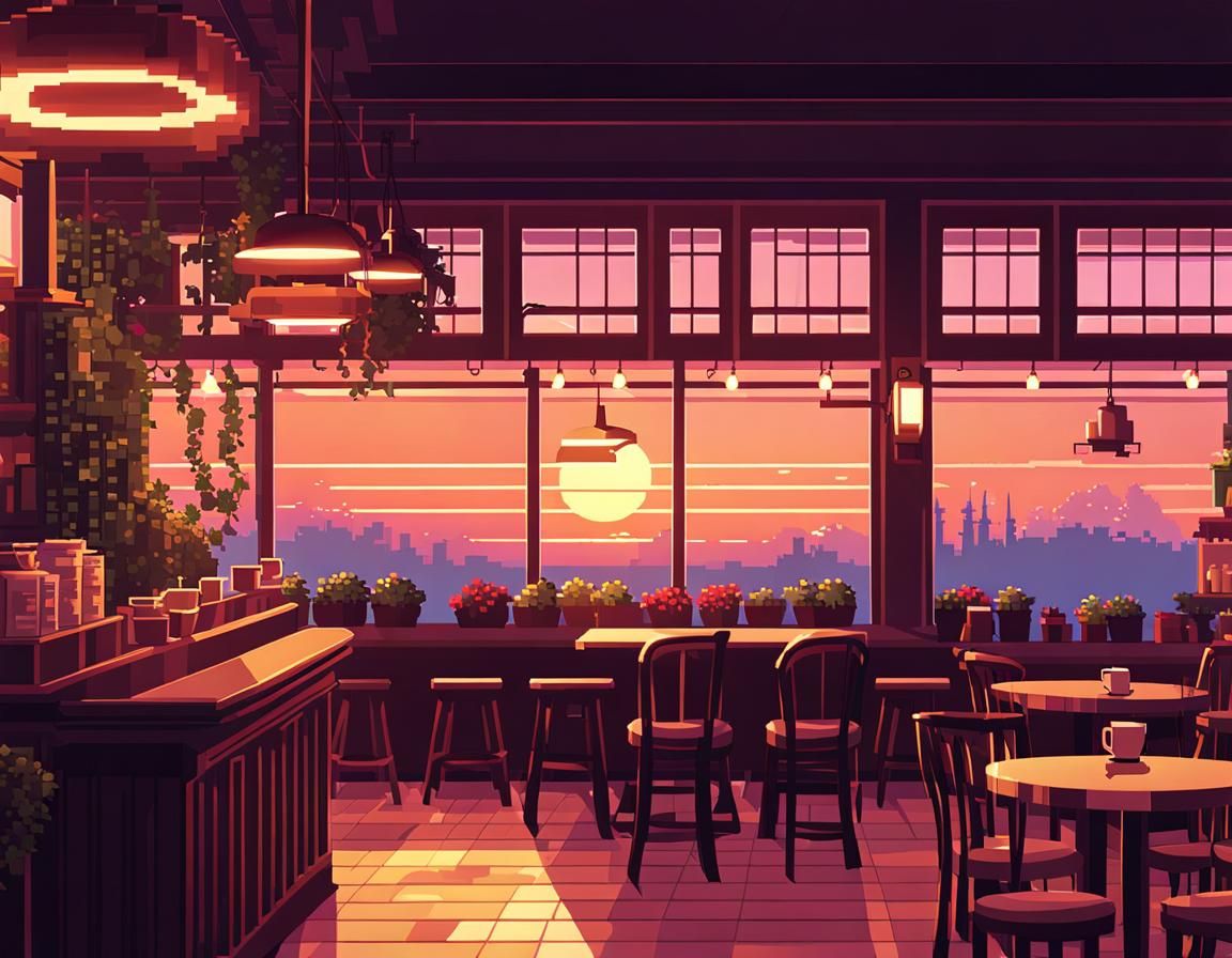 Cozy Coffee Shop: Lo-fi Pixel Art Sunset