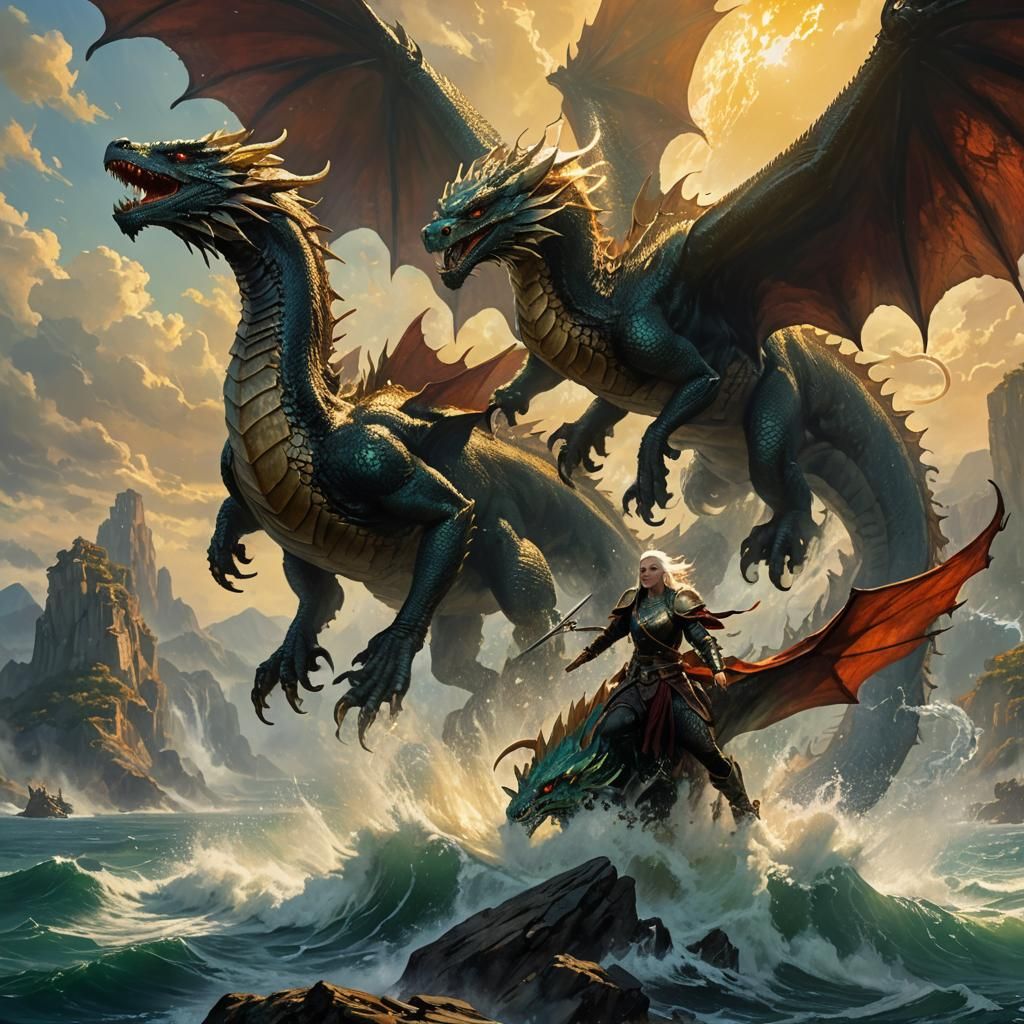 Dragons Over Blackwater Bay in Fantasy Art Style