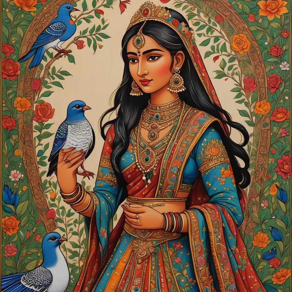 Indian Folk Art: Queen and Pigeon in Chittara Style