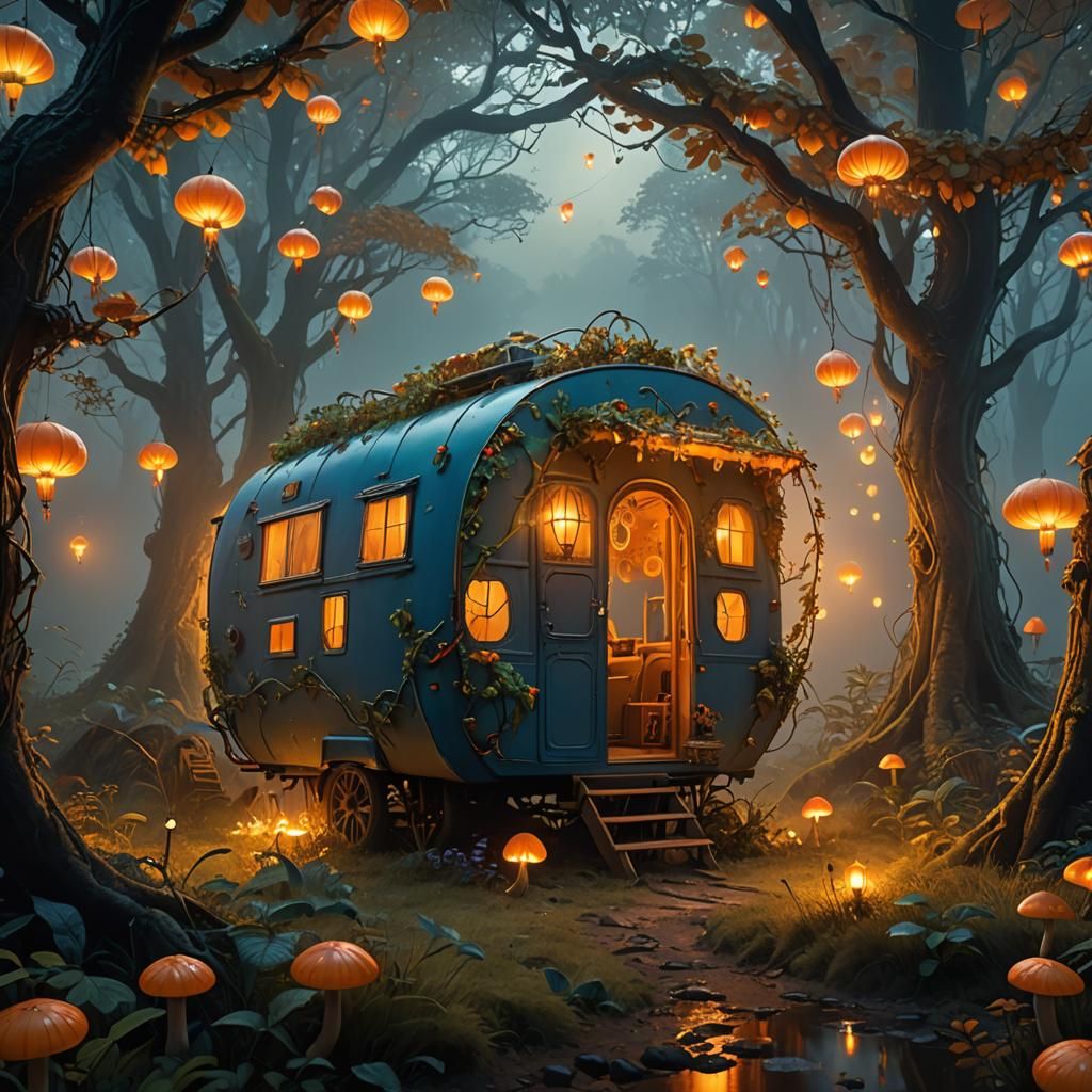 Magical Caravan in Misty Forest: Fantasy Concept Art