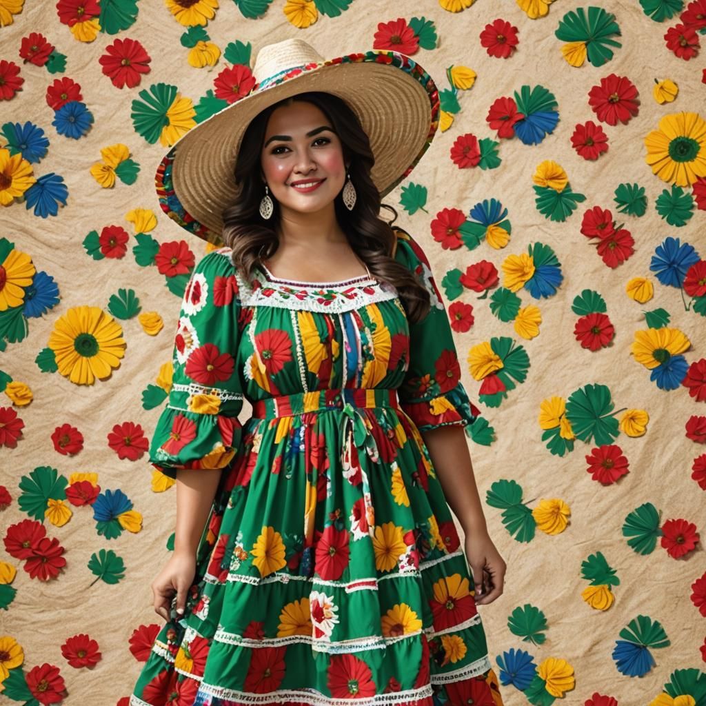 Mexican Woman in Traditional Dress with Flag