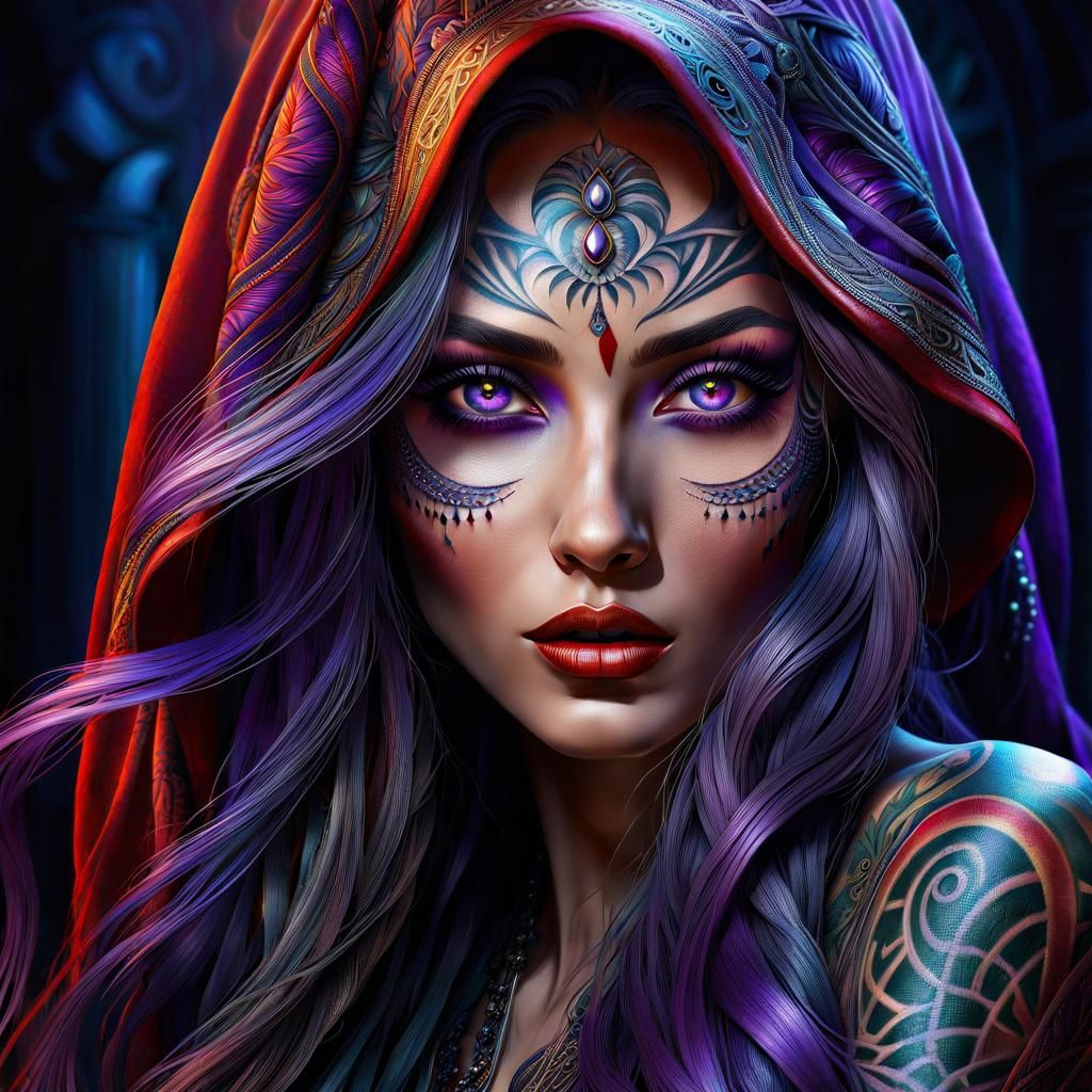 Mystical Woman in Shadows with Magic Staff