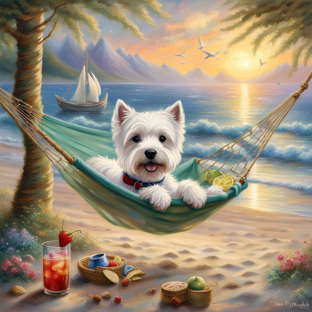 Westie Sipping Cocktail in Hammock, Fantasy Style
