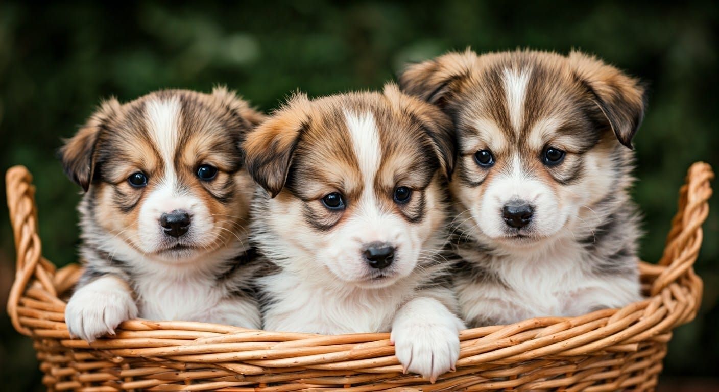 Fluffy Puppies Cuddling in a Basket