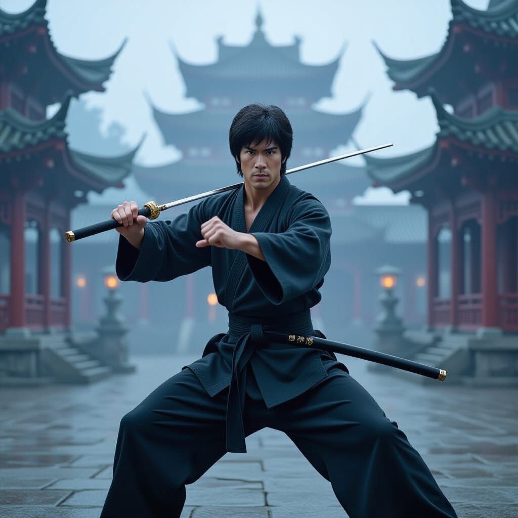 Bruce Lee with Nunchaku in Ancient Temple Setting