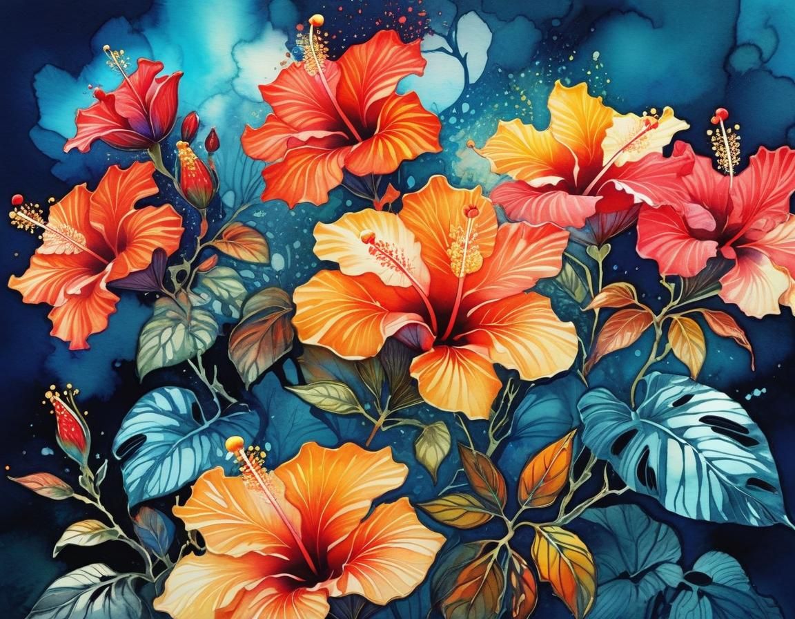 Hyper-Detailed Tropical Hibiscus Flowers in Watercolor Colla...