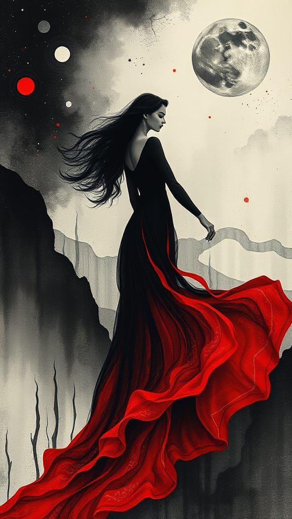 Mystical Woman in Dreamlike Celestial Landscape as Etching