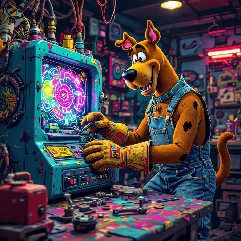 Scooby Doo as Mechanic in Dreamlike Garage