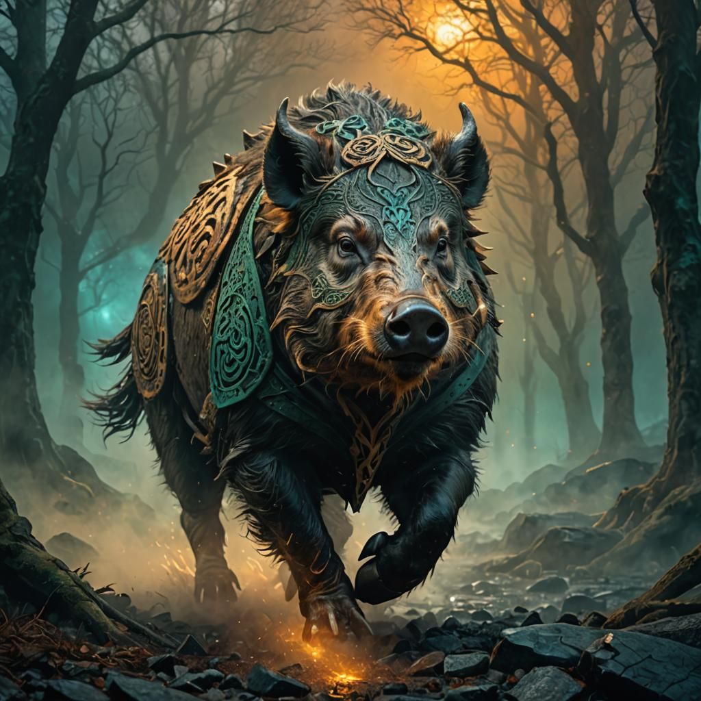 Mystical Wild Boar Emerge from Ethereal Mists in Celtic Art