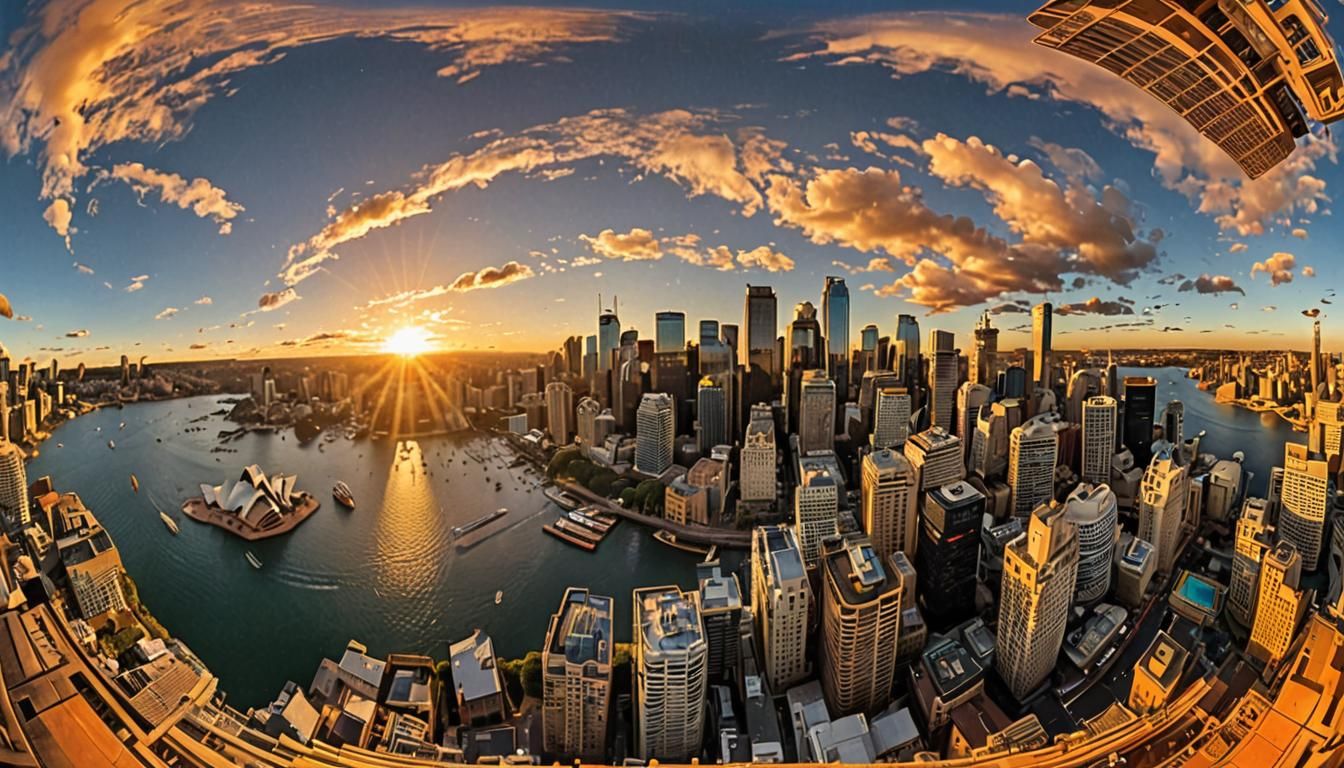 Sydney Skyline Panorama at Golden Hour in Surreal Style