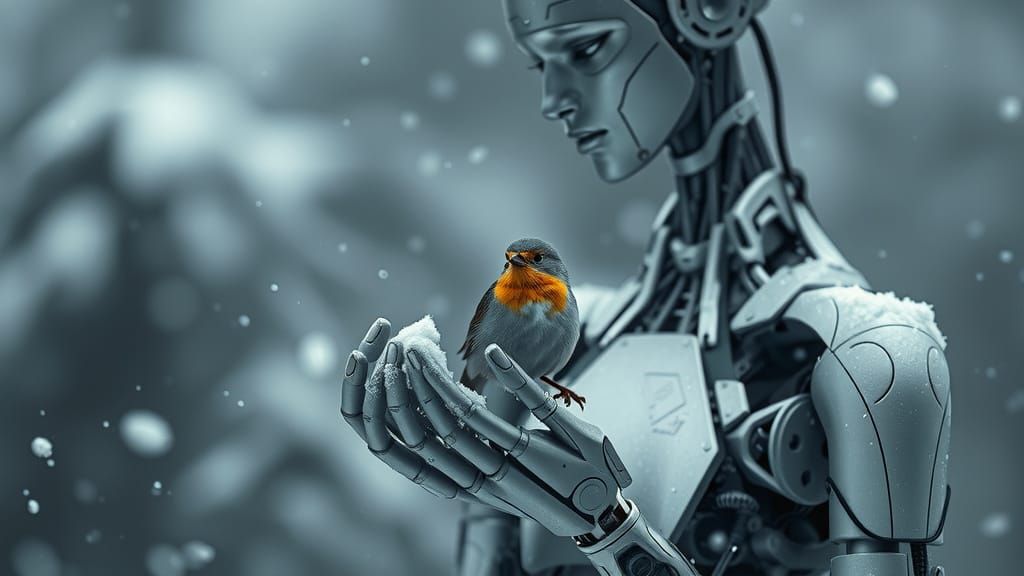 Gentle Robot Maiden Tends to Snowy Bird in Winter Landscape