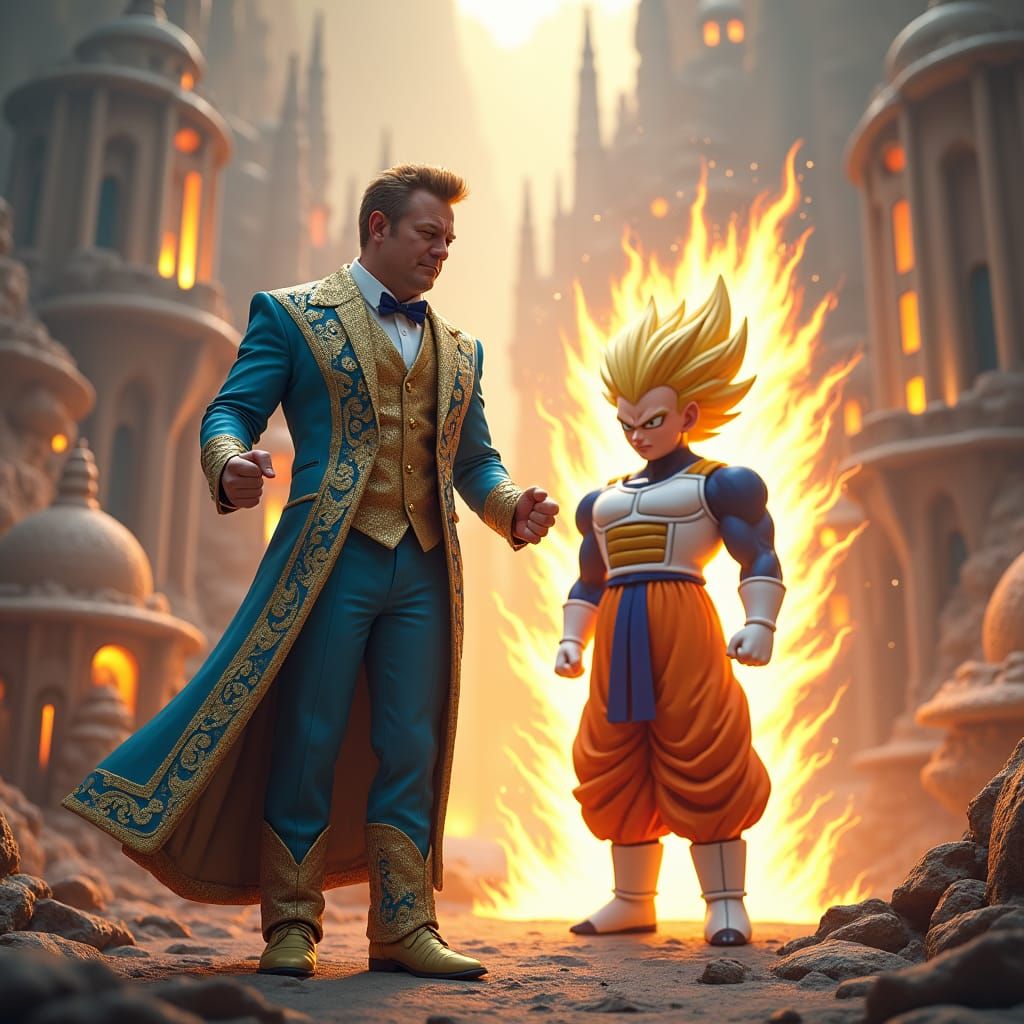 James Corden vs Vegeta in Fantasy Landscape