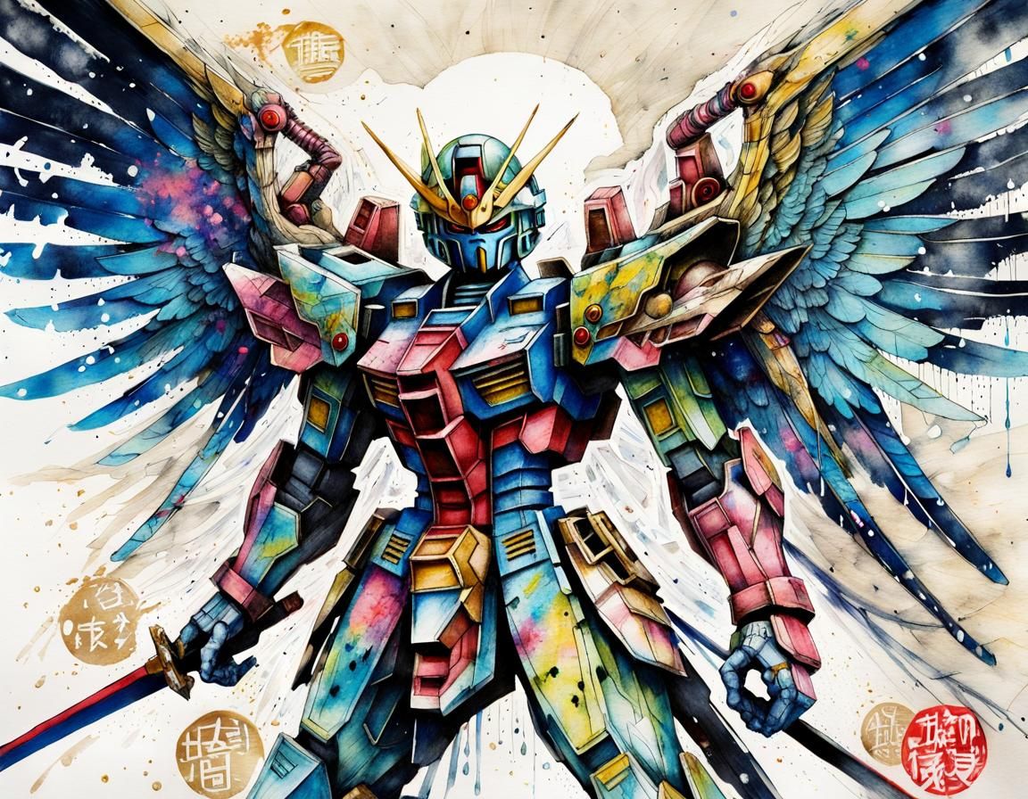 Ninja Gundam with Angel Wings: Japanese Ink Art