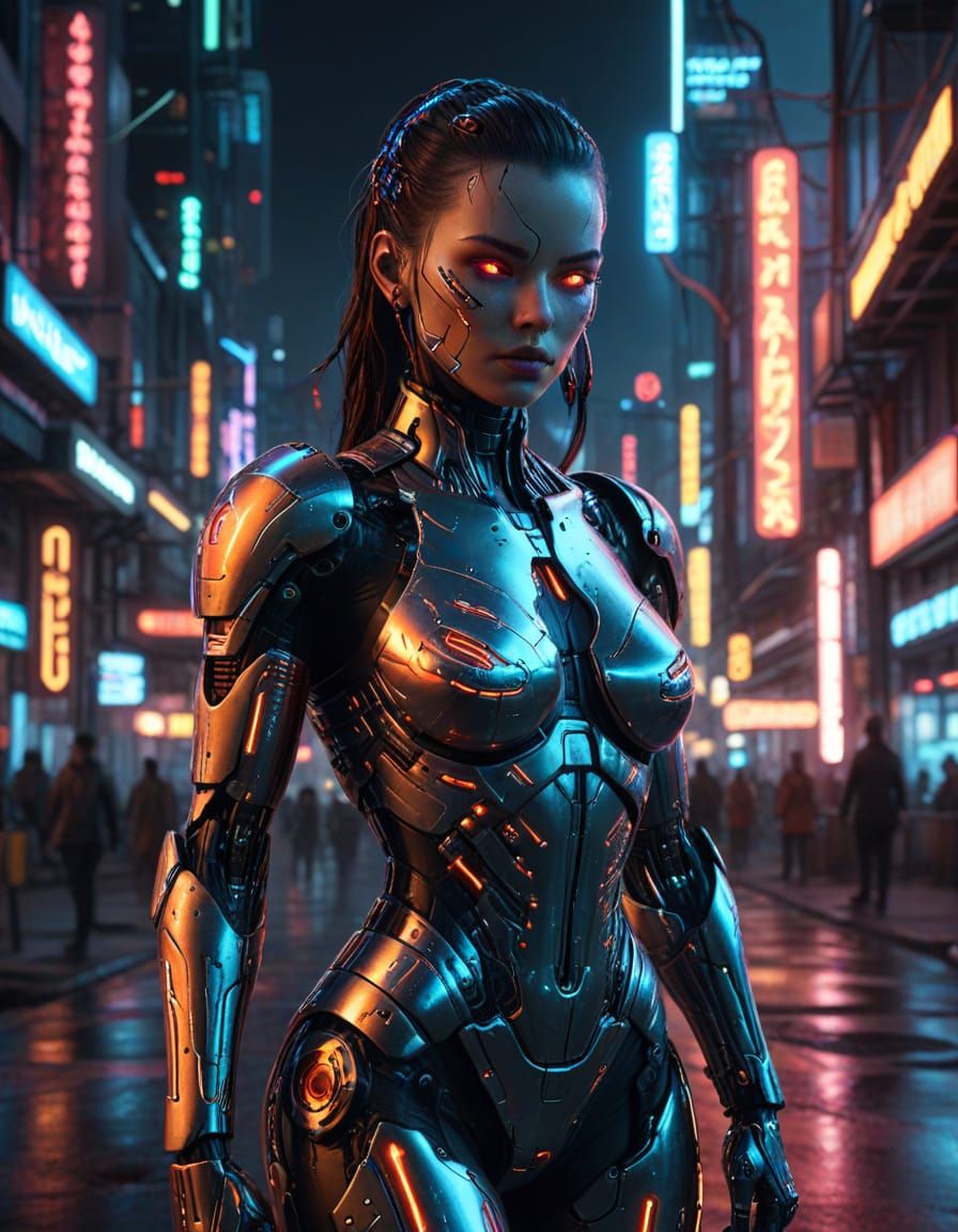 Cyberpunk Gynoid in Neon Cityscape