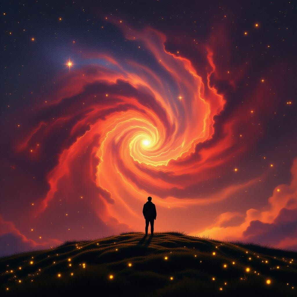 Figure Silhouetted Against Nebula Sky on Mossy Hill