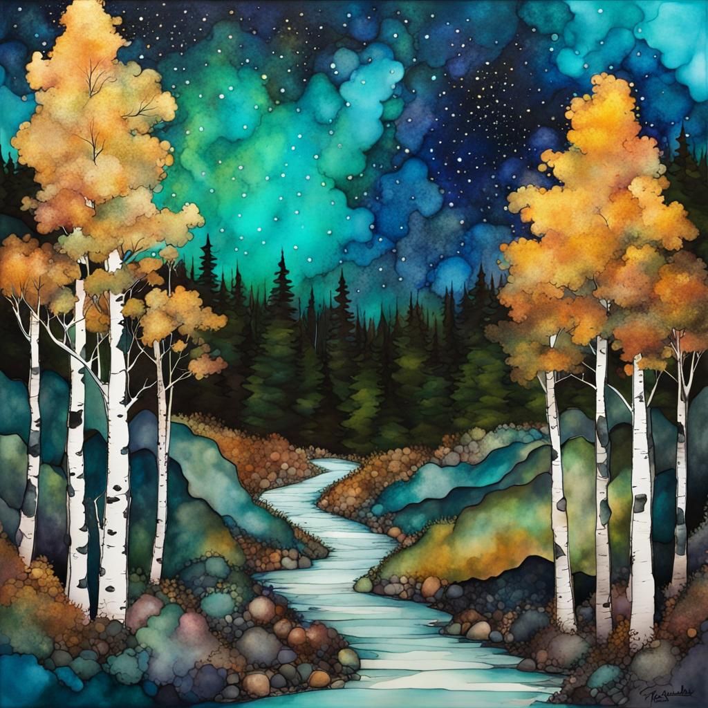 alcohol ink art, (aspen forest: 1.4) with (starry night nebula: 1.3) sky, (rocky path: 1.2), by Pendleton Ward
