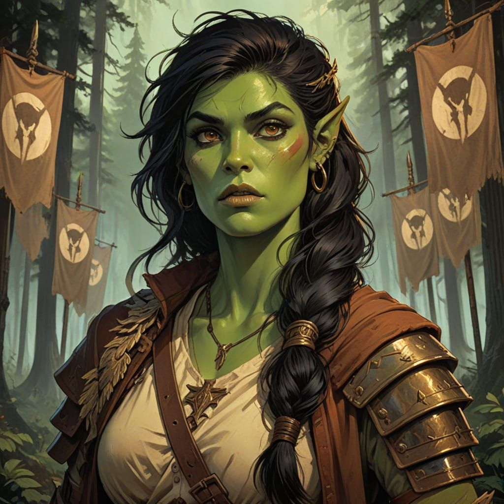 Epic Fantasy Art of a Half-Orc Leader in Vibrant Oil