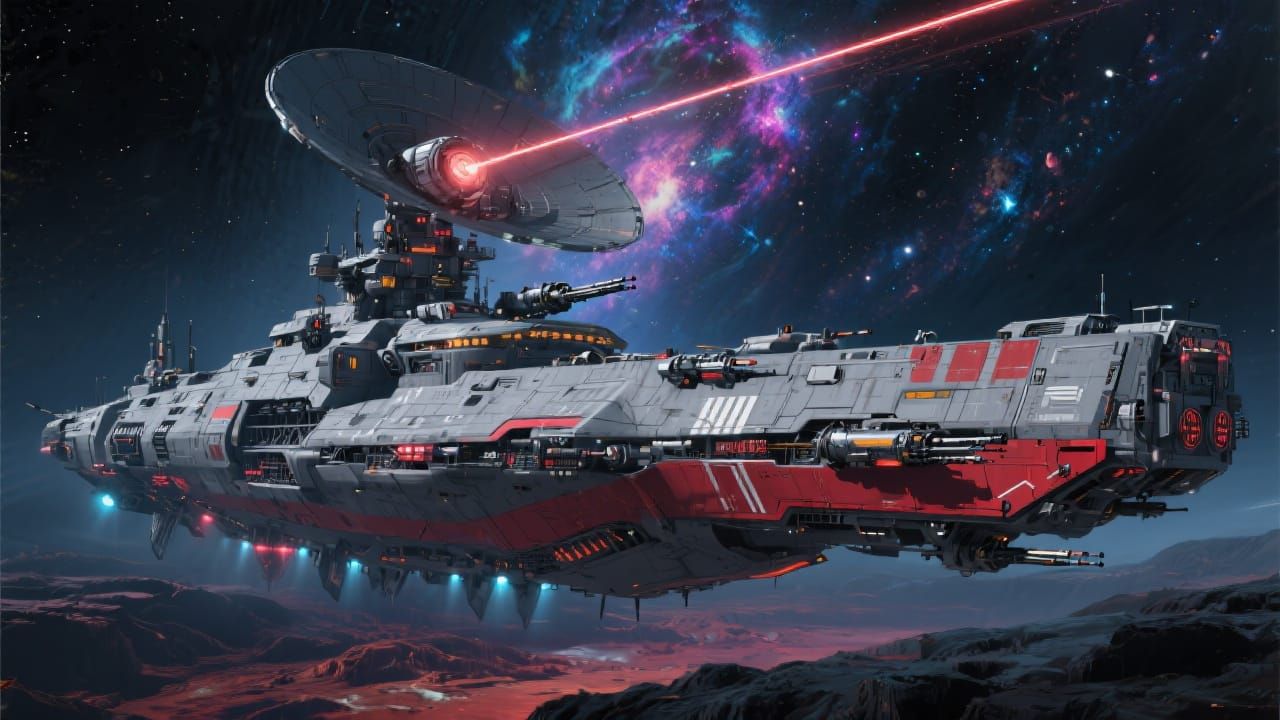Futuristic Sci-Fi Dreadnought Battle Cruiser in Deep Space
