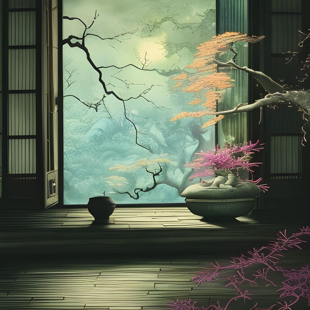 Japanese Alcove with Bonsai, Digital Render