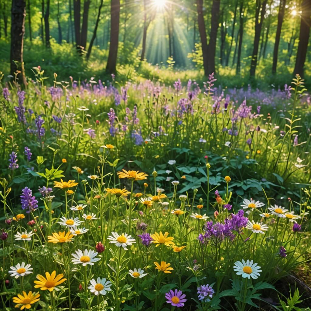 Sun-Kissed Wildflowers in Forest Glade