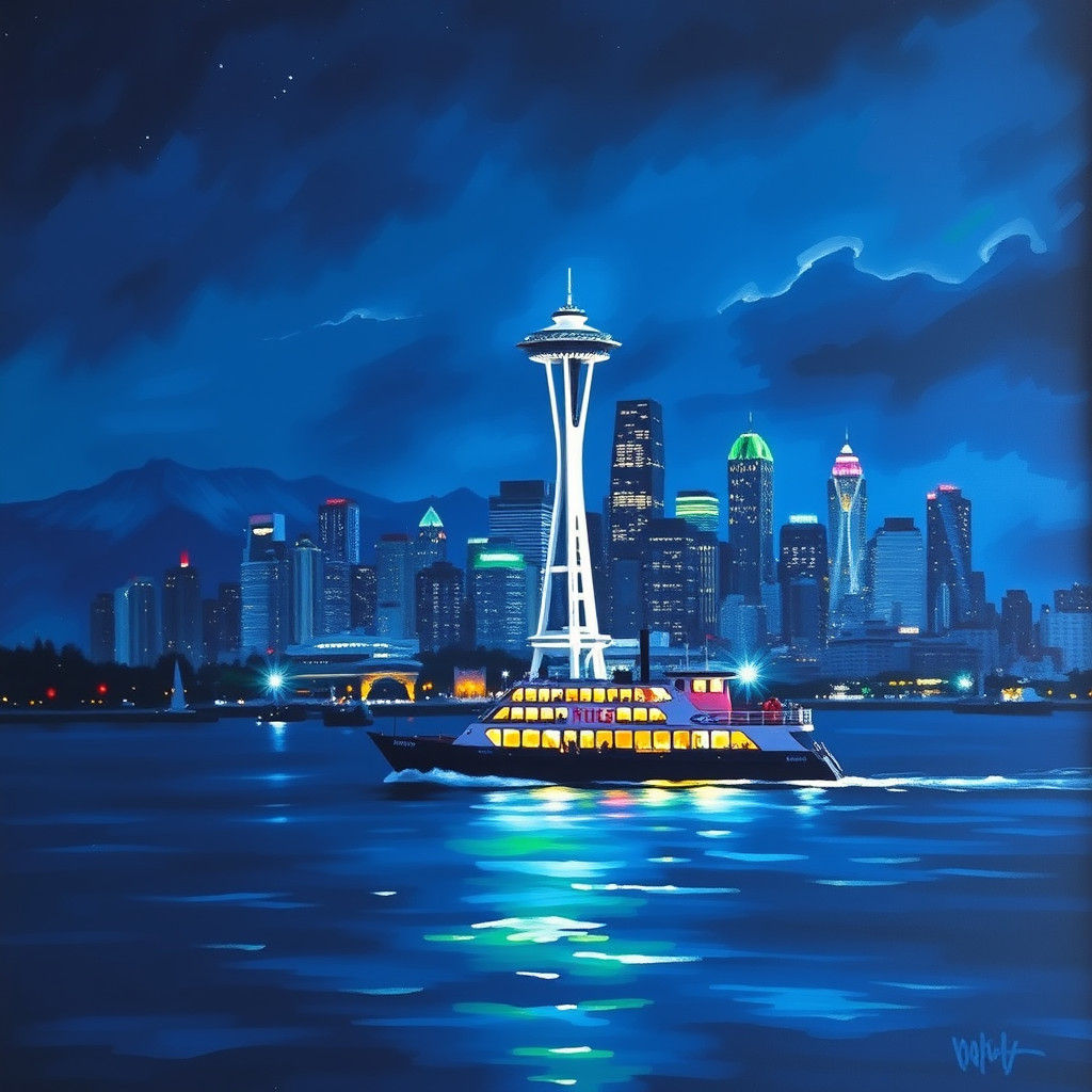 Seattle Skyline at Night in Impressionist Style
