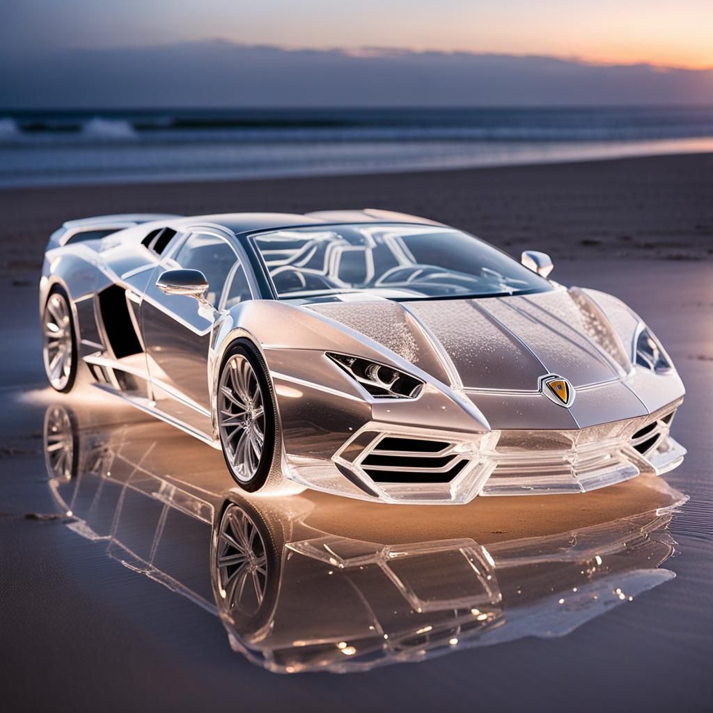 hand-carved ice sculpture of a gleaming Lamborghini sports c...