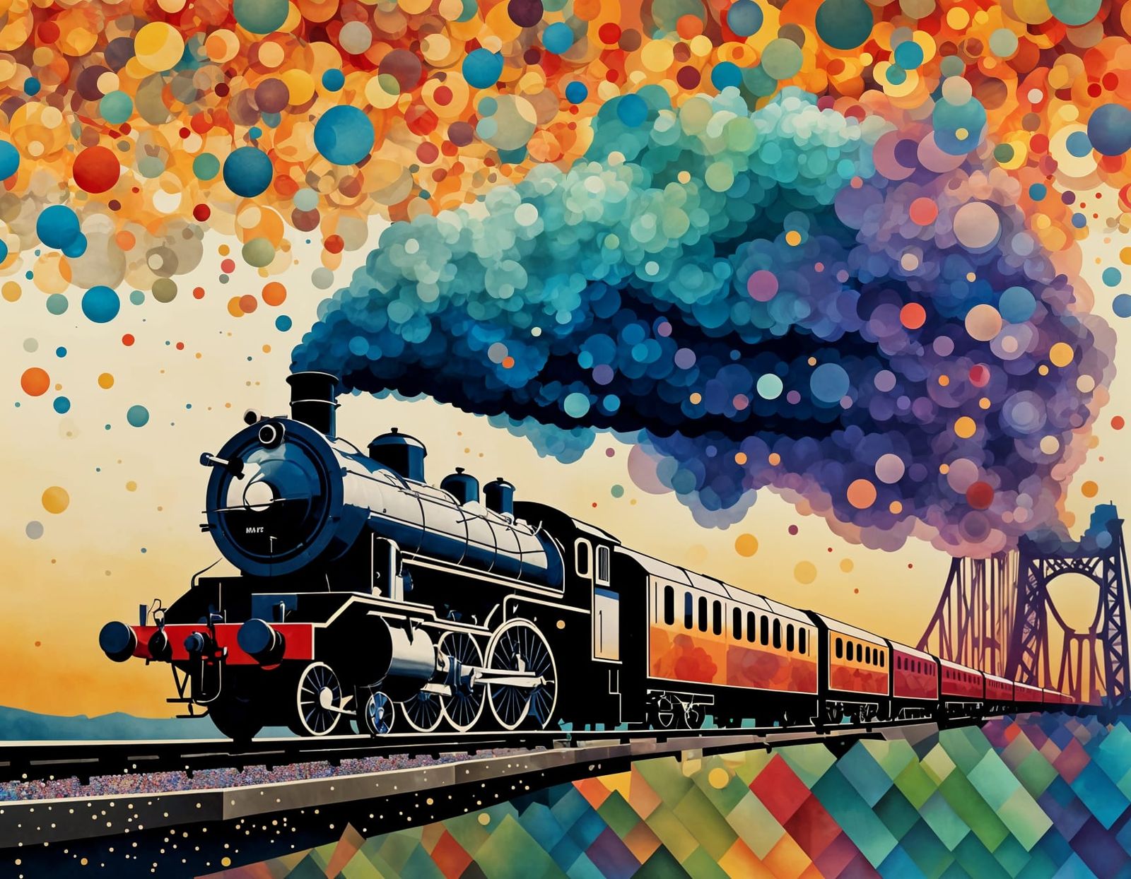 Steam Train at Forth Rail Bridge in Pointillist Mosaic