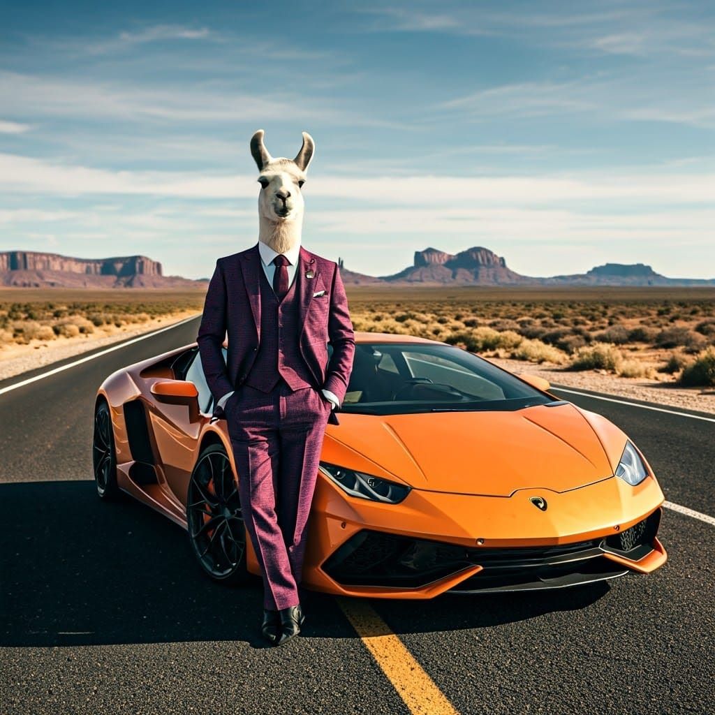 Llama in Suit Leaning on Lamborghini
