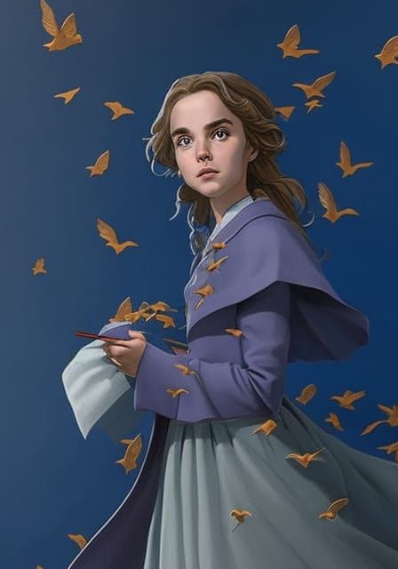 Hermione Granger Surrounded by Birds, Studio Ghibli Style