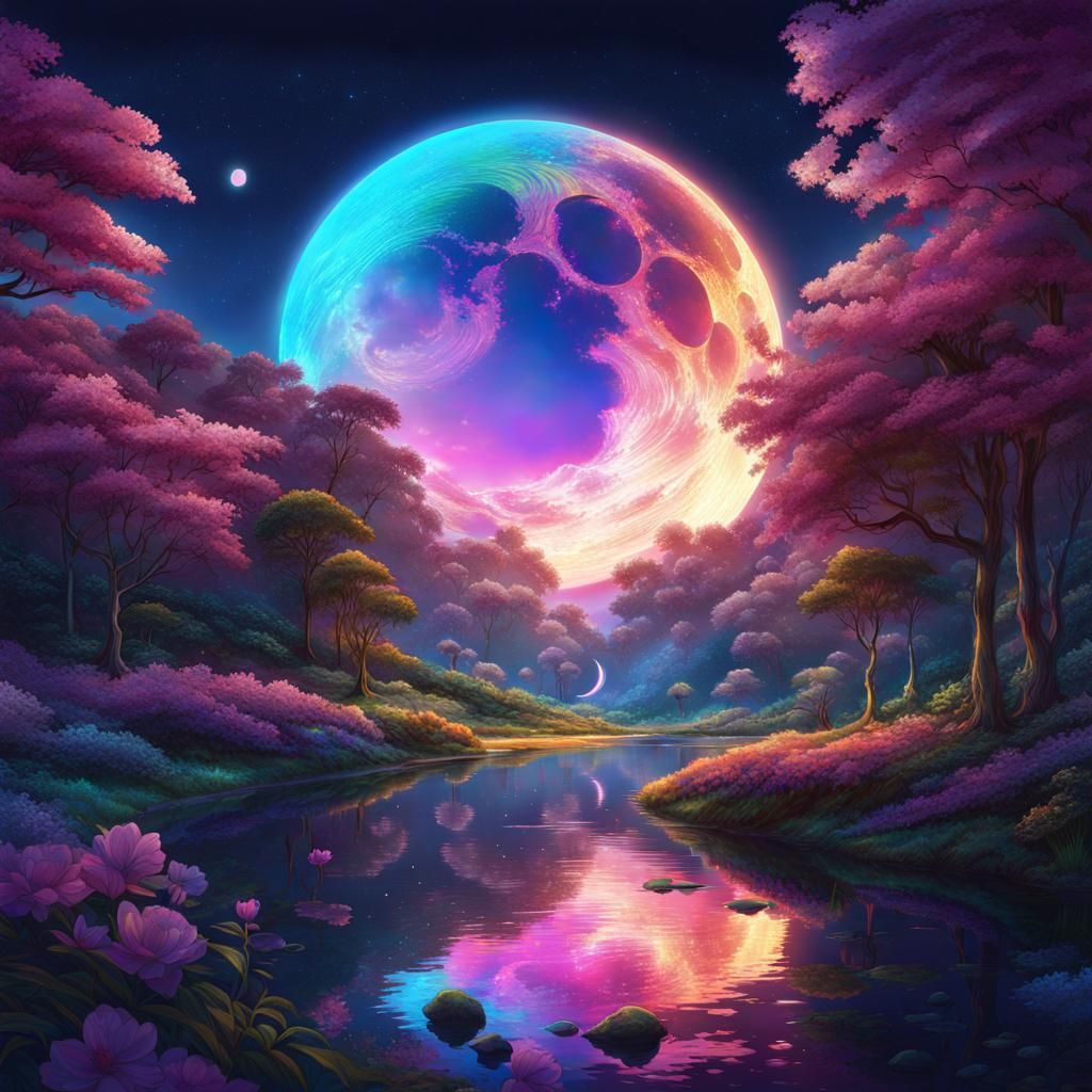 Holographic Moon in Mixed Media Style