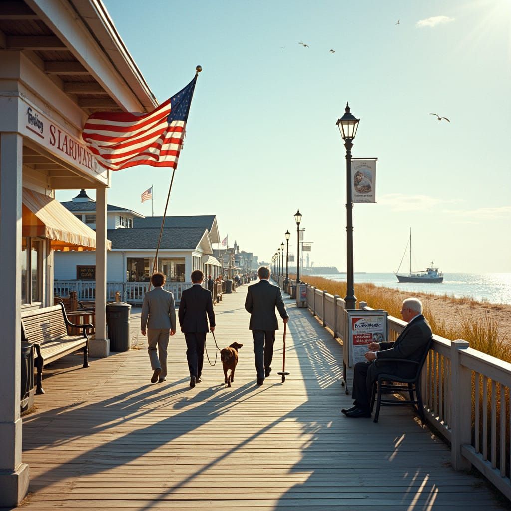 Warm Autumn Boardwalk Scene in Solomons, Maryland, with Amer...