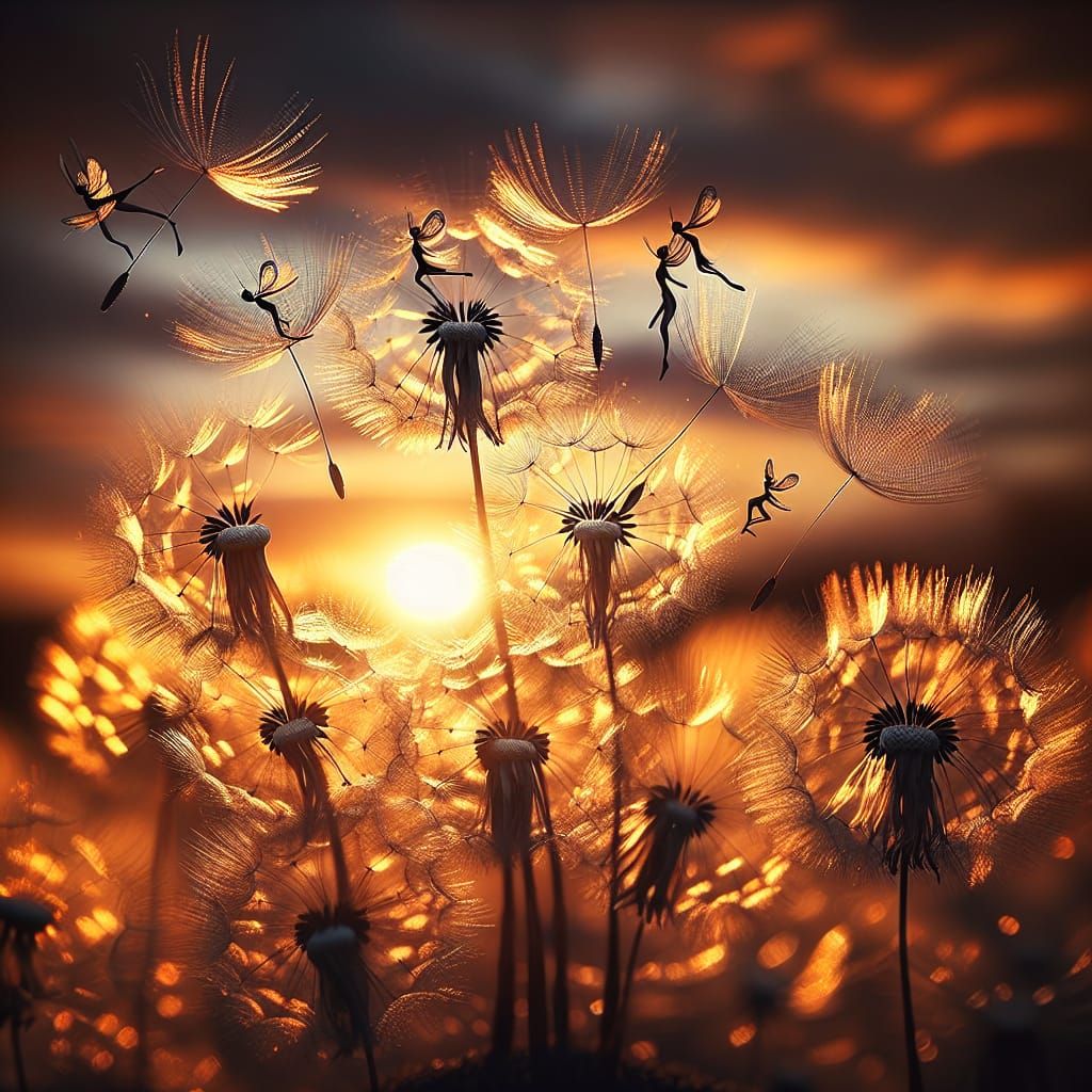 Golden Faeries Taking Flight Amidst Sunset Hues