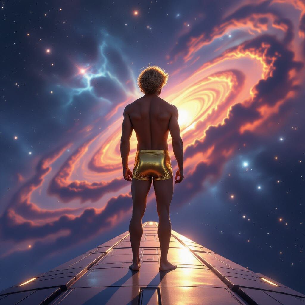 Nebula Vista: Blond Man on Spaceship in Cosmic Style