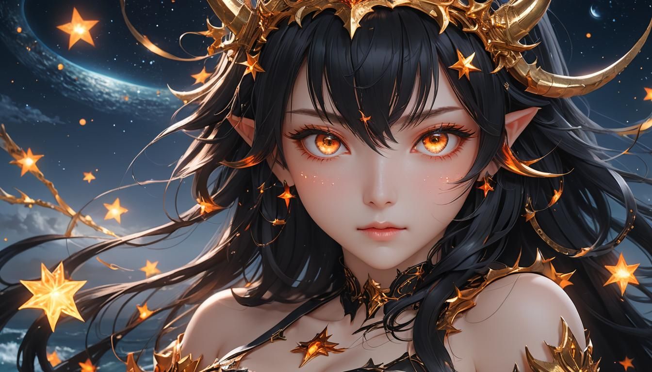 Beautiful Demon Woman with Starry Ocean: 3D Anime Art