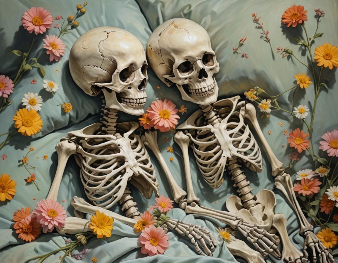 Child Skeletons Resting in Bed Oil Painting