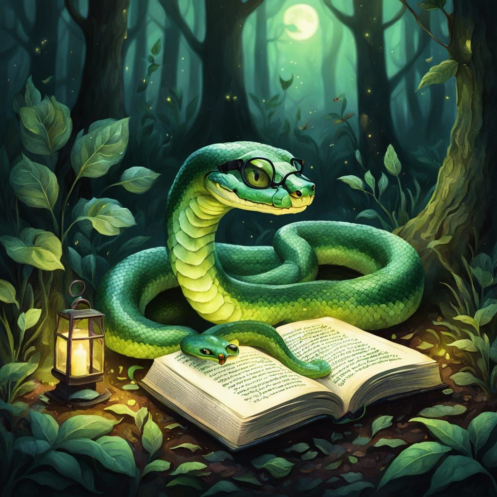Green Snake Reads Book by Candlelight in Moonlit Forest