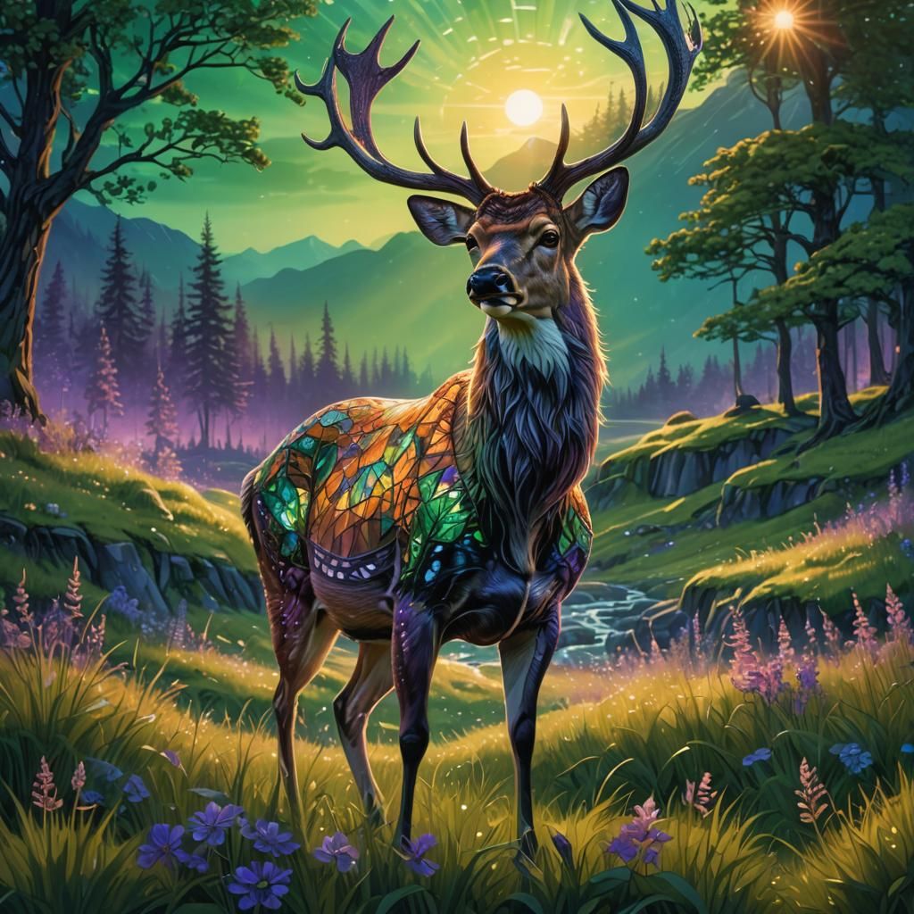 Norwegian Deer Mosaic Under Midnight Sun