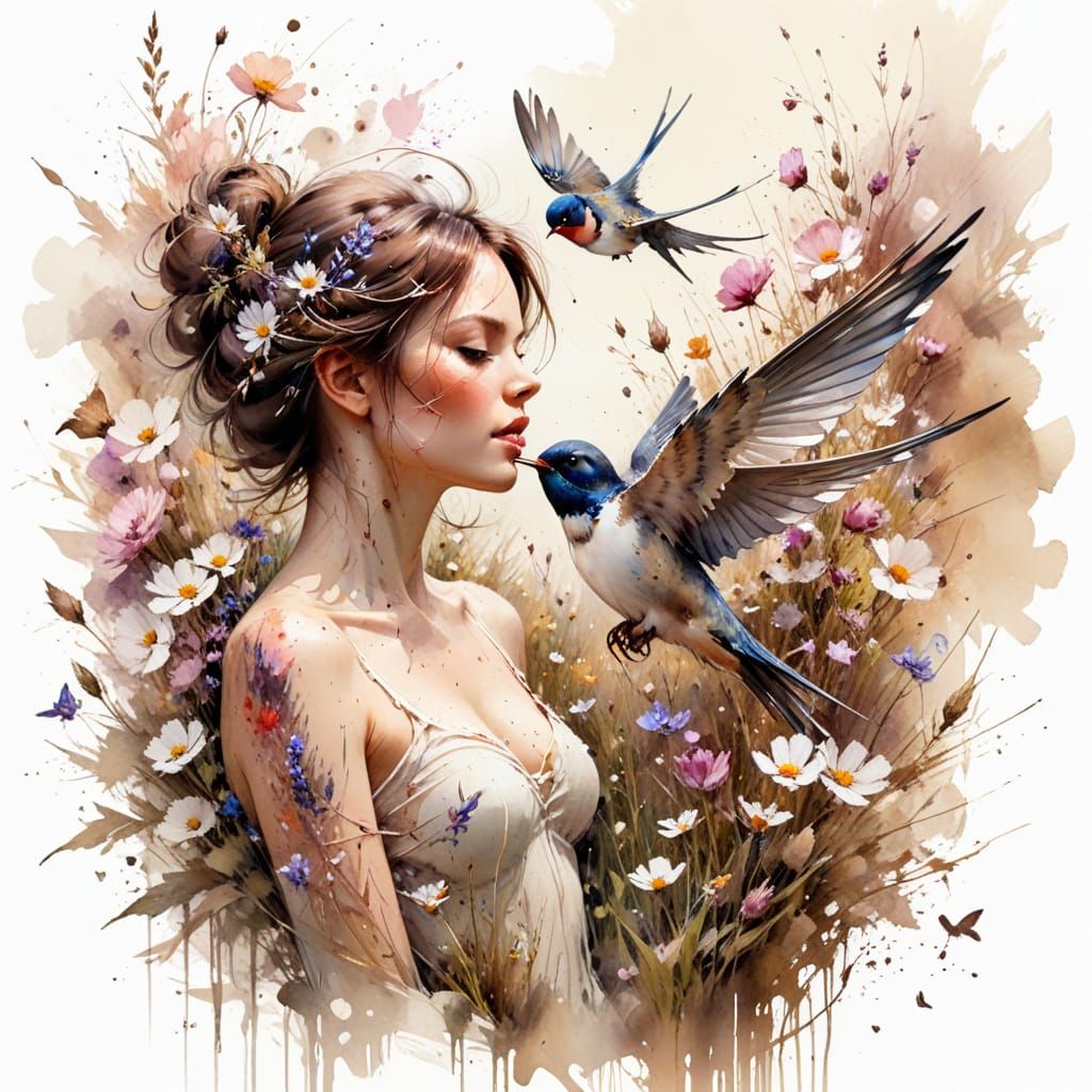 Swallow in Spring Meadow: Watercolour Painting