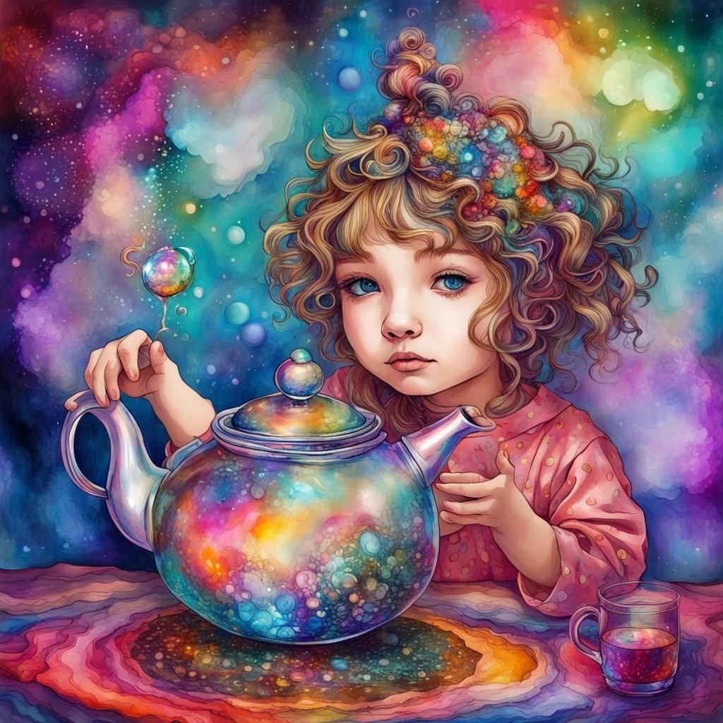 Colorful Teapot Child in Alcohol Ink Style