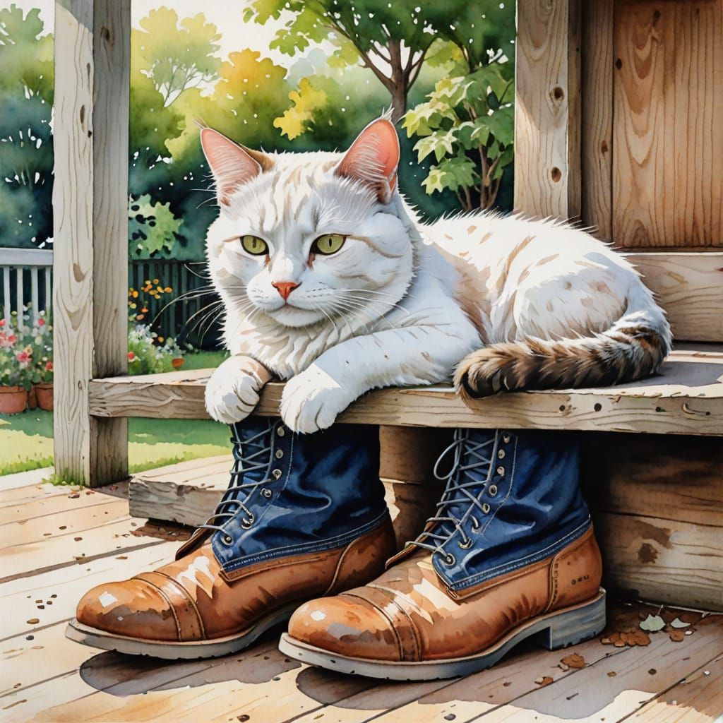 Whimsical Watercolor Cat in a Boot