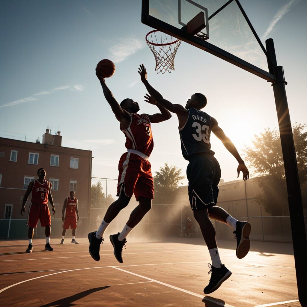 Explosive Basketball Dunk at Dusk: Digital Art