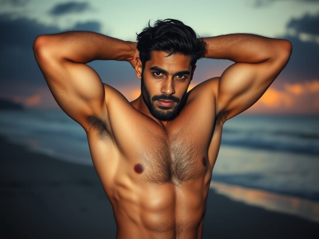 Strong Indian Man Basks in Sunset on Beach