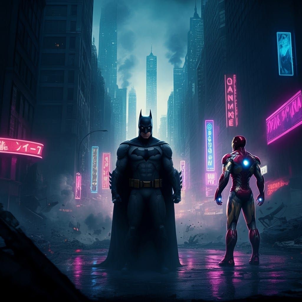 Batman vs Iron Man in Dystopian Cyberpunk Metropolis