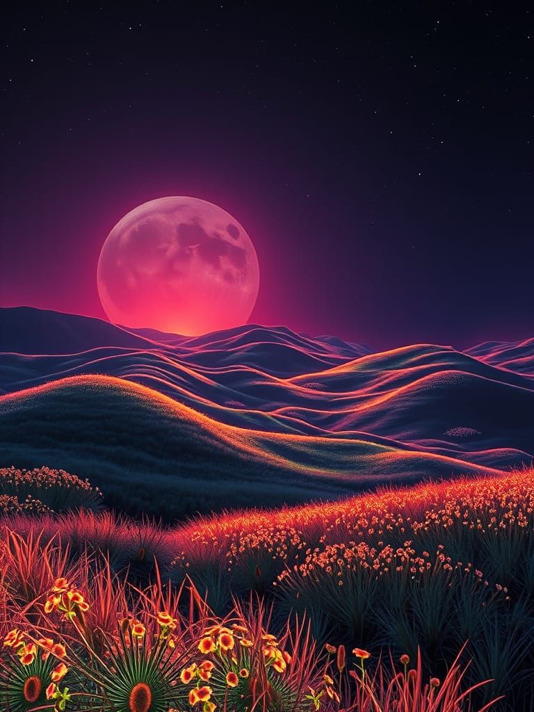 Psychedelic Night Landscape Painting with Bioluminescent Flo...