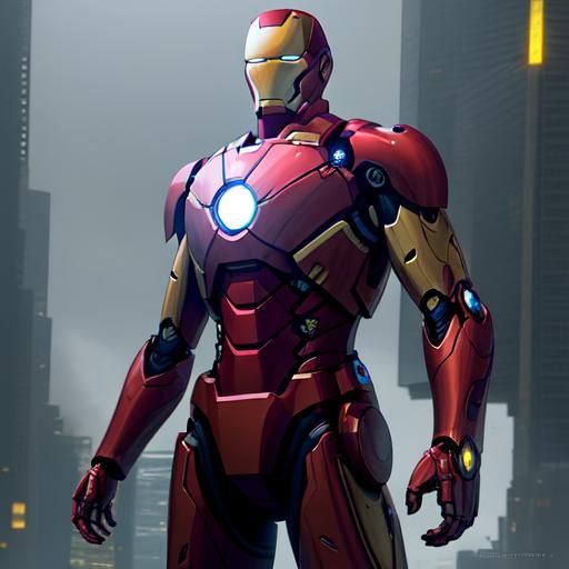 Iron Man in Futuristic Cityscape: Cinematic Film Still