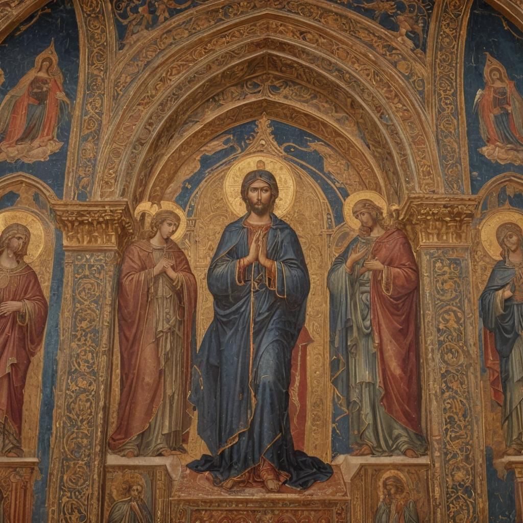 Gothic Cathedral Painting with Golden Halos