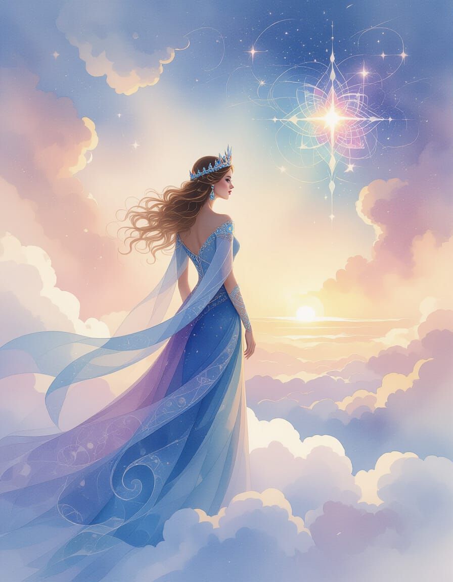 Regal Queen in Dreamlike Sky with Celestial Jewels