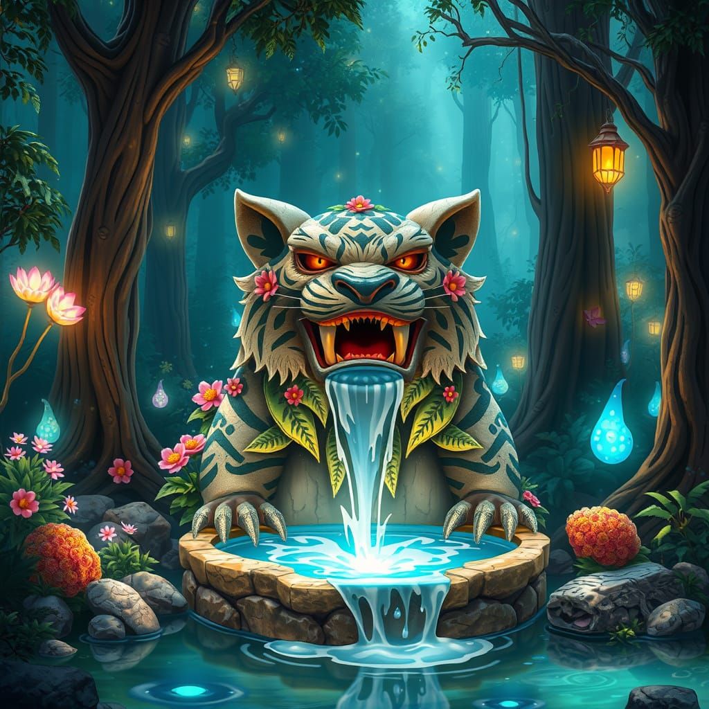 Magical Forest Tiger Fountain Amidst Bioluminescent Flora