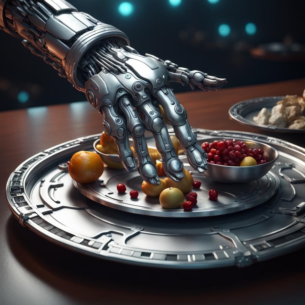 Cyborg Hand Holding Appetizer Tray: Detailed Matte Painting